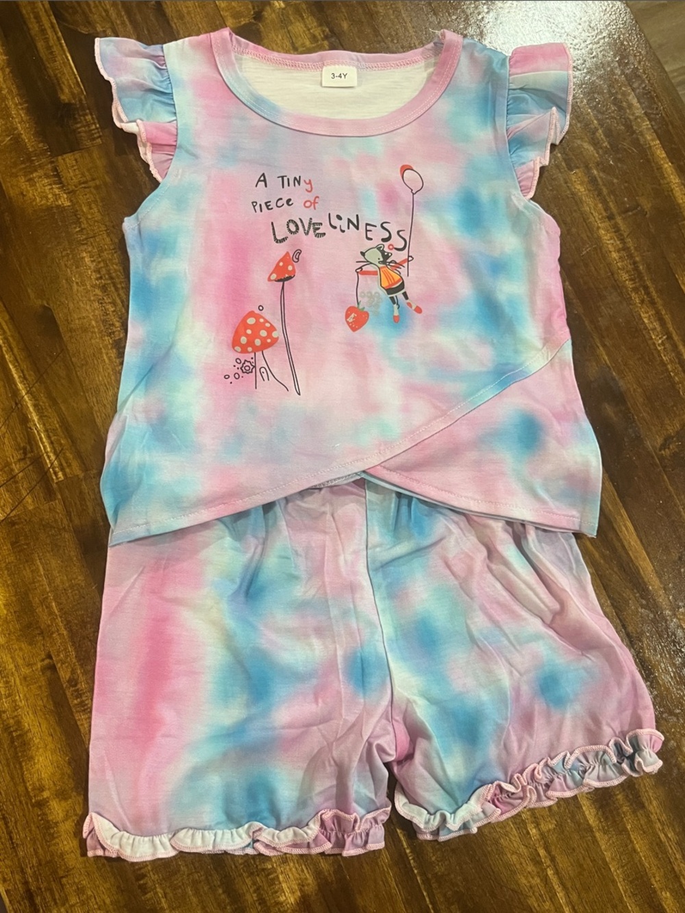 SHEIN Pink & Blue Tie-Dye Kids Ruffle Pajama Set 3/4Y